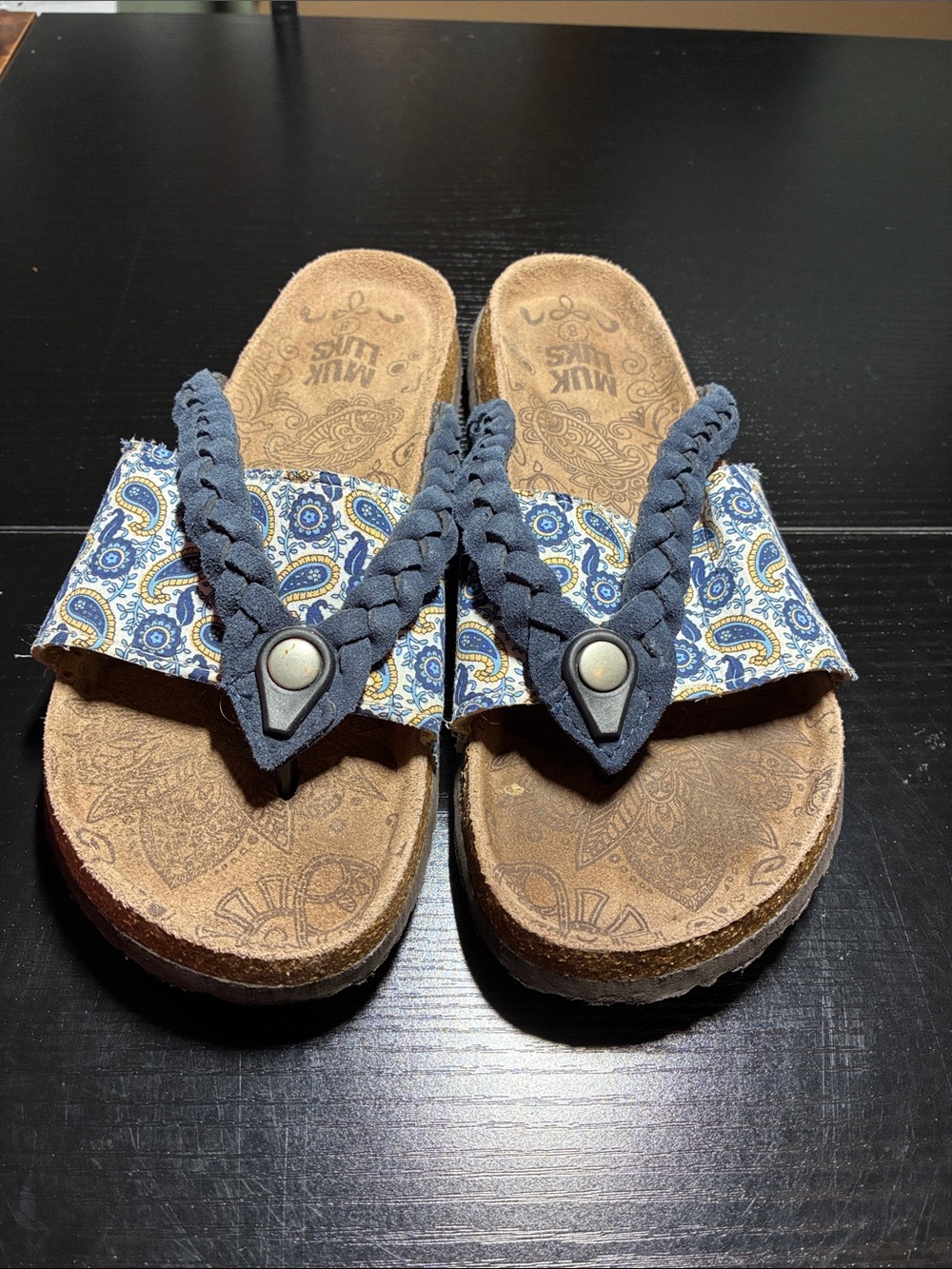 Muk Luks Blue Paisley Braided Toe-Post Sandals with Cork-Style Footbed